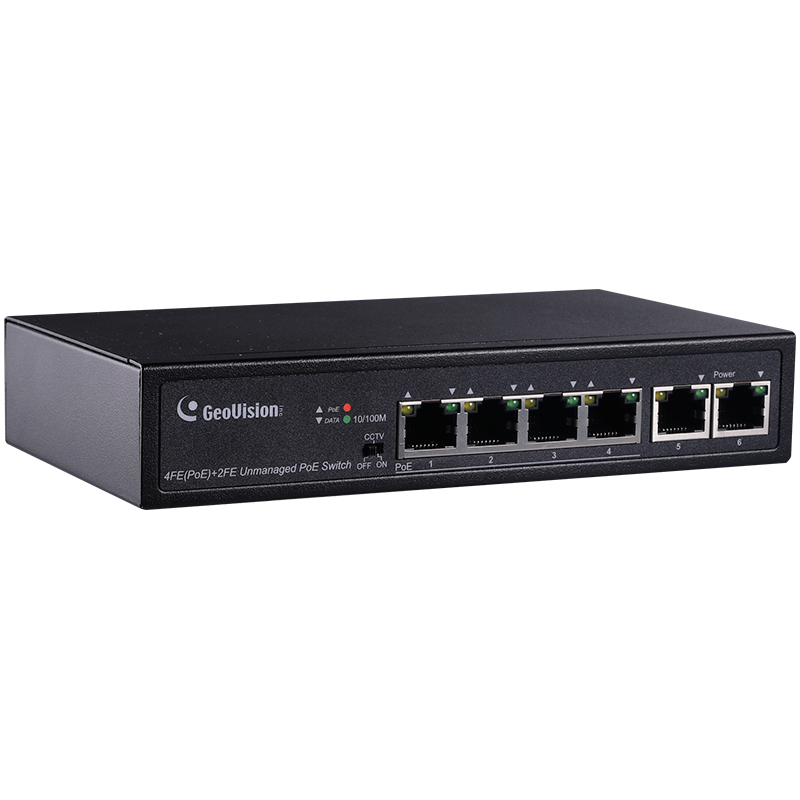 Switch GEOVISION™ de 4 Puertos PSE/PoE+ (+2 Uplink) GV-APOE0400 para 4 Cámaras IP - 65W//4-Port GEOVISION™ Switch PSE/PoE+ (+2 Uplink) GV-APOE0400 for 4 IP Cameras - 65W