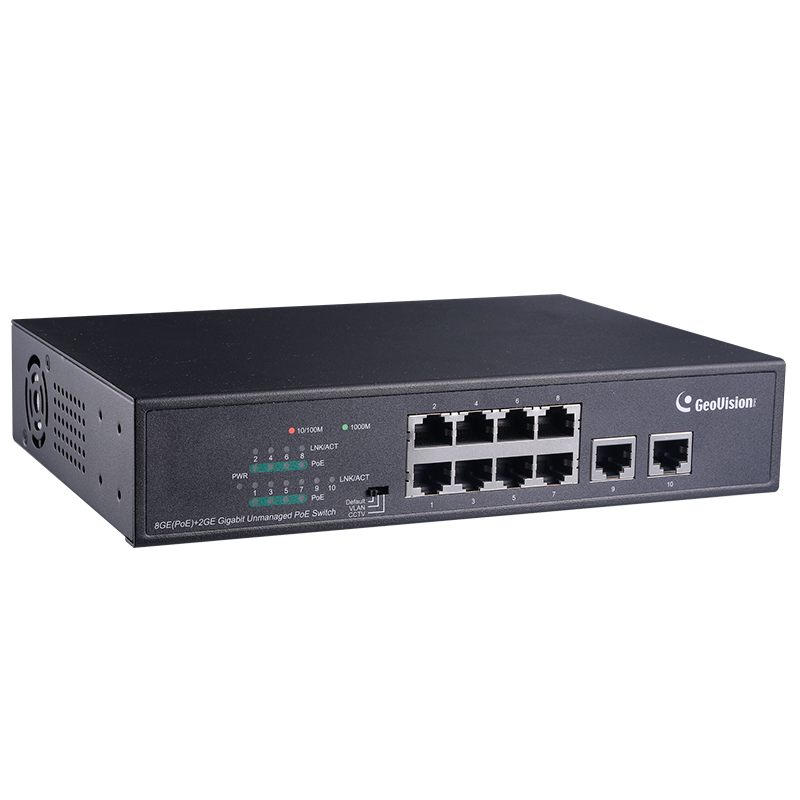 Switch Gigabit GEOVISION™ de 8 Puertos PSE/PoE+ (+2 Uplink) GV-APOE0810 para 8 Cámaras IP - 125W//GEOVISION™ 8 Port PSE/PoE+ Gigabit Switch (+2 Uplink) GV-APOE0810 for 8 IP Cameras - 125W
