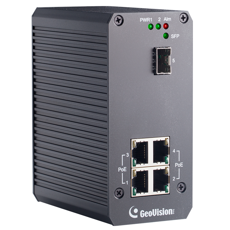 Switch Gigabit Industrial GEOVISION™ de 4 Puertos PSE/PoE+ (+2 Uplink) GV-POE0410-E para 4 Cámaras IP - 130W//GEOVISION™ 4-Port Gigabit Industrial Switch PSE/PoE+ (+2 Uplink) GV-POE0410-E for 4 IP Cameras - 130W