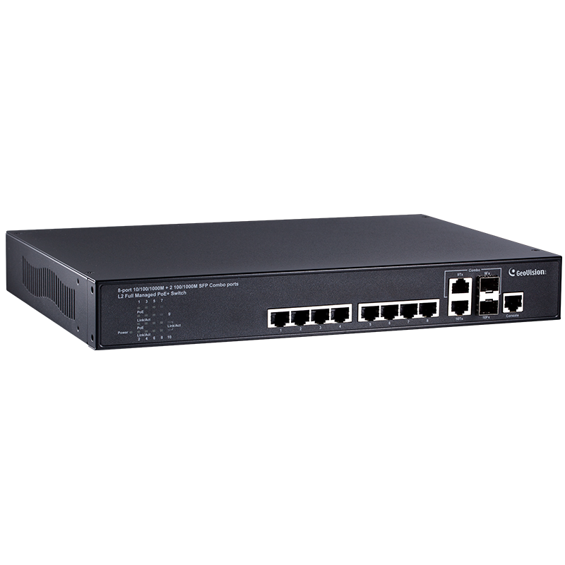 Switch Gestionable PoE+ GEOVISION™ GV-POE0812 de 8 Puertos PoE+ (+2SPF) - L2+ (130W)//Manageable PoE+ GEOVISION™ GV-POE0812 8-Port PoE+ (+2SPF) Switch - L2 + (130W)
