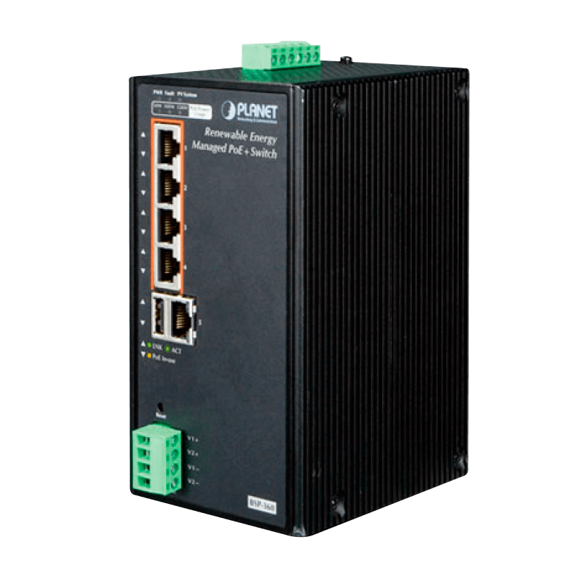 Switch Gigabit Gestionable PoE+ Industrial PLANET™ de 5 Puertos (4 PoE+) para Renovables//PLANET™ Industrial Renewable Energy 4-Port 10/100/1000T 802.3at PoE+ Managed Ethernet Switch
