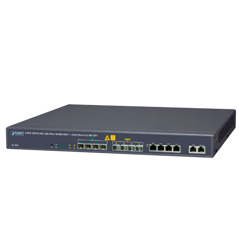 PON GEPON OLT PLANET™ con 4 puertos 10/100 / 1000T + 4 puertos compartidos 1G / 10G SFP+//PLANET™ 4 PON GEPON OLT with 4-Port 10/100/1000T + 4-Port Shared 1G/10G SFP+