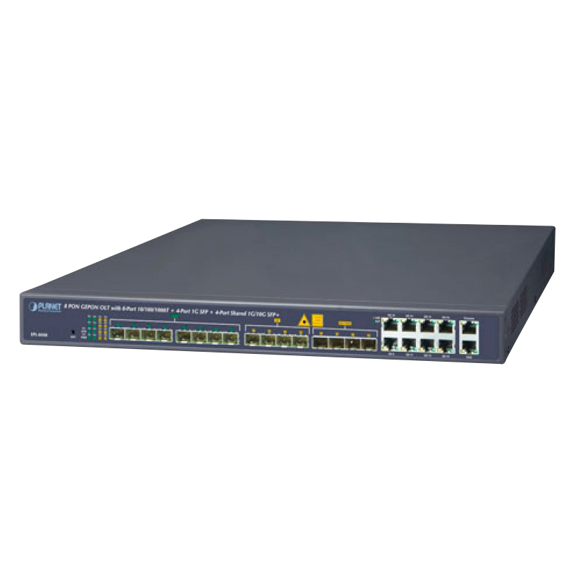 PON GEPON OLT PLANET™ con 8 puertos 10/100 / 1000T + 4 puertos 1G SFP + 4 puertos compartidos 1G / 10G SFP+//PLANET™ 8 PON GEPON OLT with 8-Port 10/100/1000T + 4-Port 1G SFP + 4-Port Shared 1G/10G SFP+