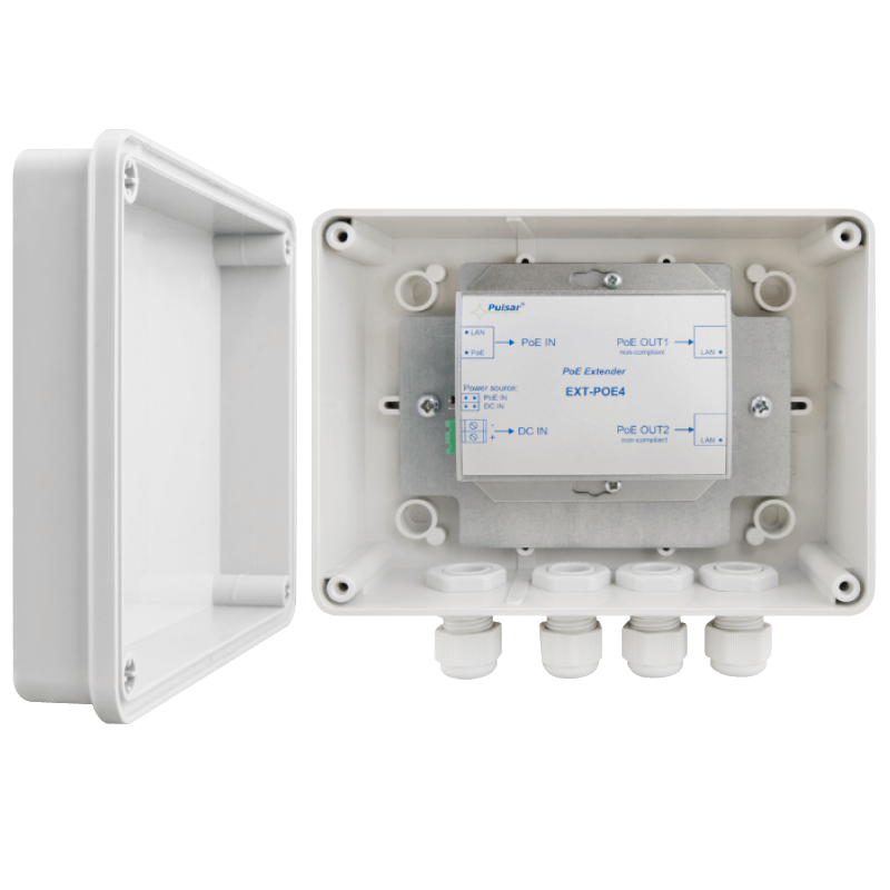 Extensor PoE PULSAR® de 2 Puertos de Salida (Requiere FA Externa) en Caja Estanca//PULSAR® 2-Ports (Out) PoE Extender (Requires External PSU) - Hermetic Enclosure