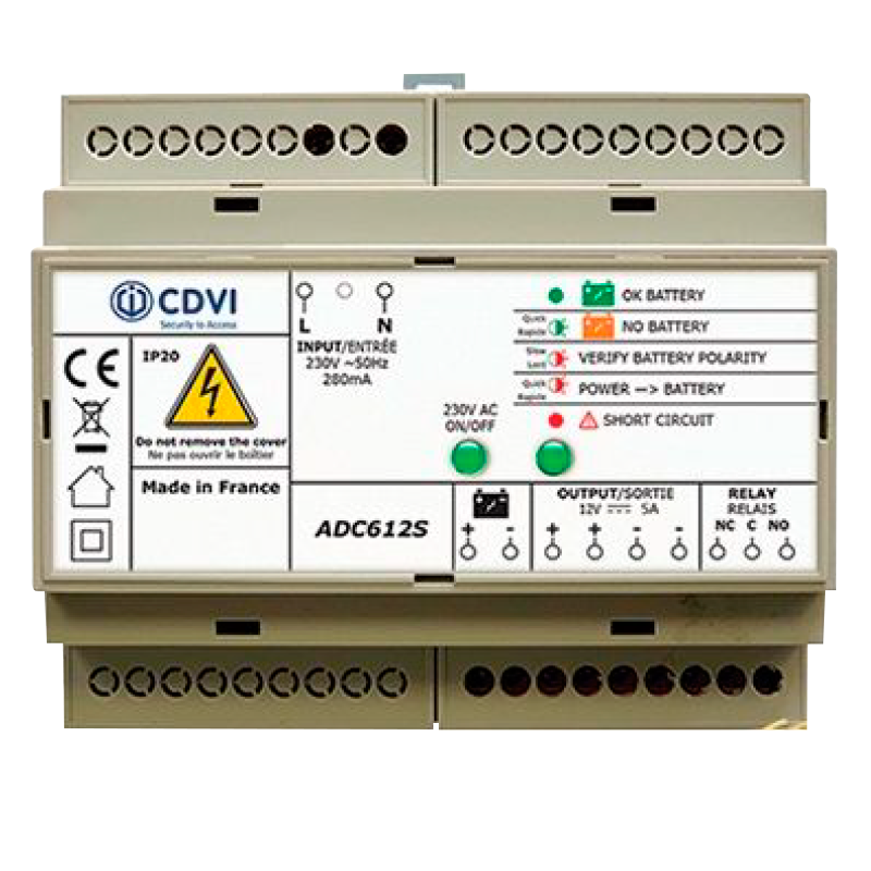 Fuente CDVI® ADC612S con Conexión a Bateria de Respaldo (12VDC/5Amp)//CDVI® ADC612S Power Supply with Battery Backup (12VDC/5Amp)