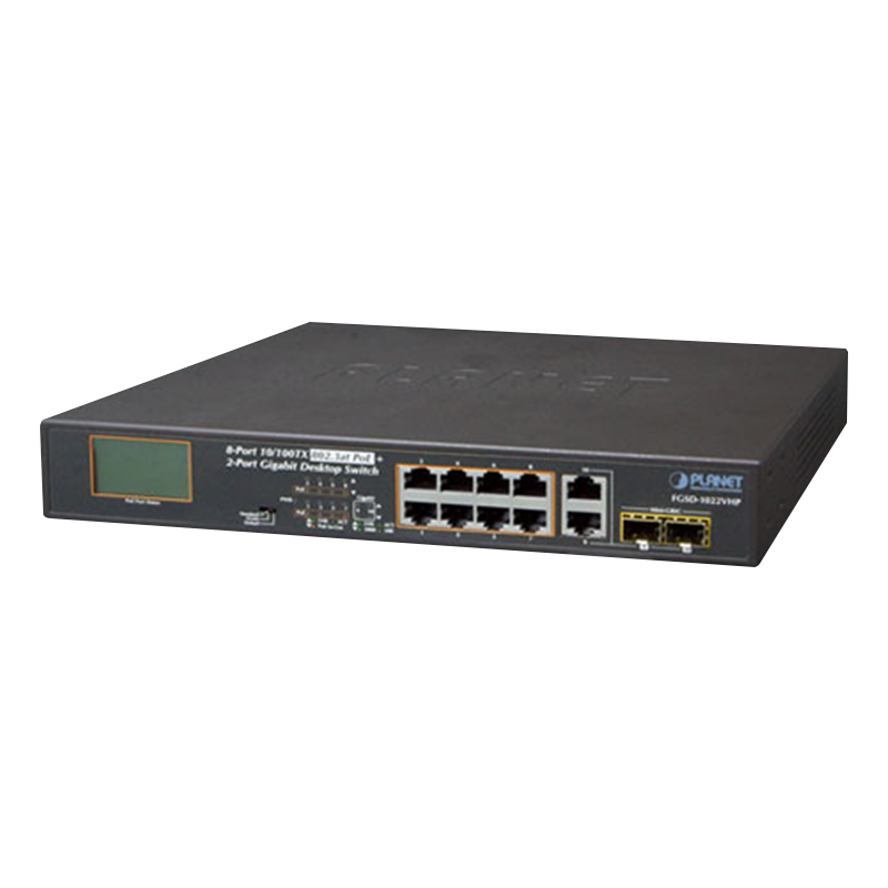 Switch Gigabit PoE+ PLANET™ de 8 Puertos (+2 SFP) - 120W//PLANET™ 8-Port 10/100TX 802.3at PoE + 2-Port Gigabit TP/SFP Combo Desktop Switch with PoE LCD Monitor - 120W