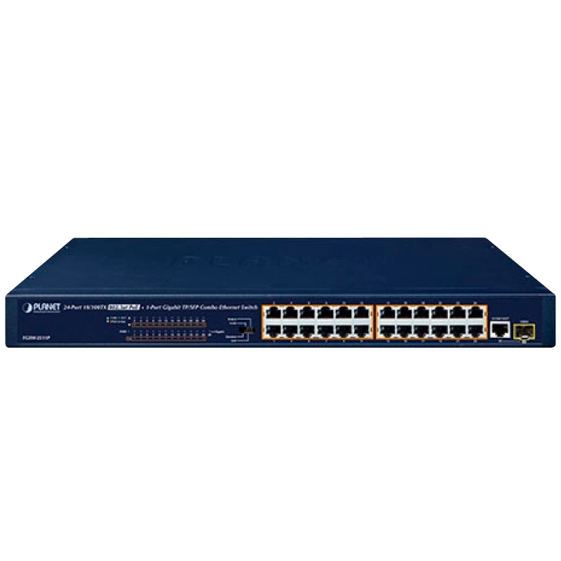 Switch PLANET™ de 24 Puertos PoE+ (+1 TP/SFP) - 125W//PLANET™ 24-Port 10/100BASE-TX 802.3at PoE + 1-Port Gigabit TP/SFP Combo Ethernet Switch - 125W