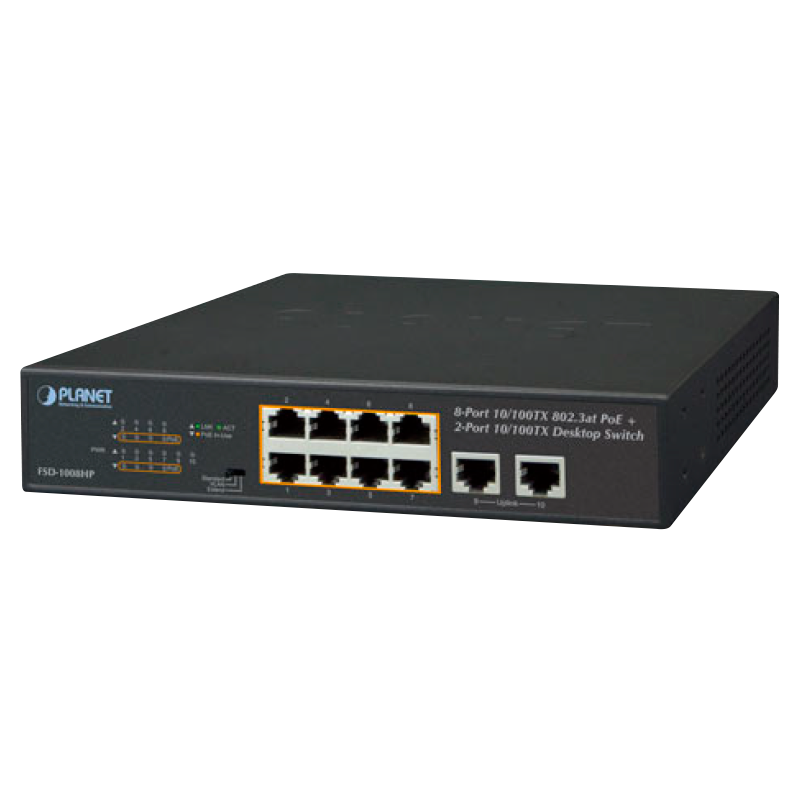 Switch PoE+ PLANET™ de 8 Puertos PoE+ & 2 Puertos 10/100TX Sobremesa (120W)//PLANET™ 8-Port PoE+ & 2-Port 10/100TX Desktop Switch (120W)
