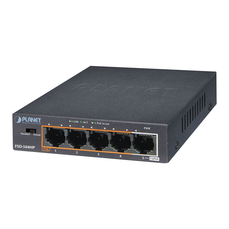 Switch PoE+ PLANET™ de 5 Puertos (4 PoE+) - 60W//PLANET™ 4-Port 10/100Mbps 802.3at/af PoE + 1-Port 10/100Mbps Desktop Switch - 60W