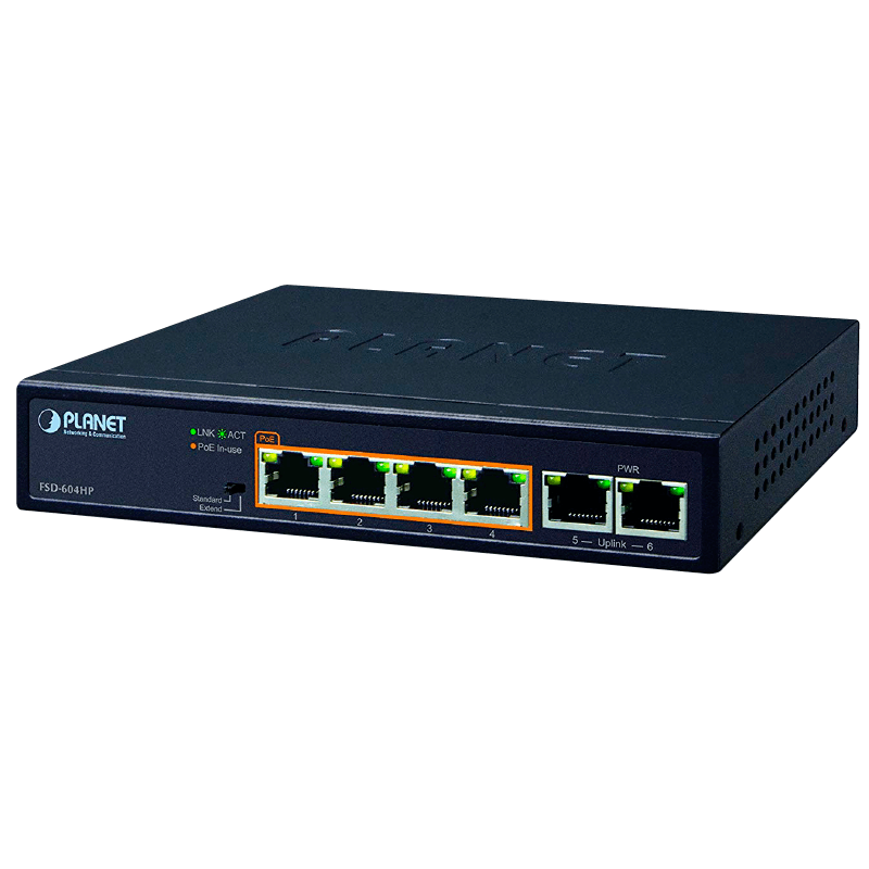 Switch PoE+ PLANET™ de 4+2 Puertos - 60W//PLANET™ 4-Port 10/100TX 802.3af/at PoE + 2-Port 10/100TX Desktop Switch - 60W