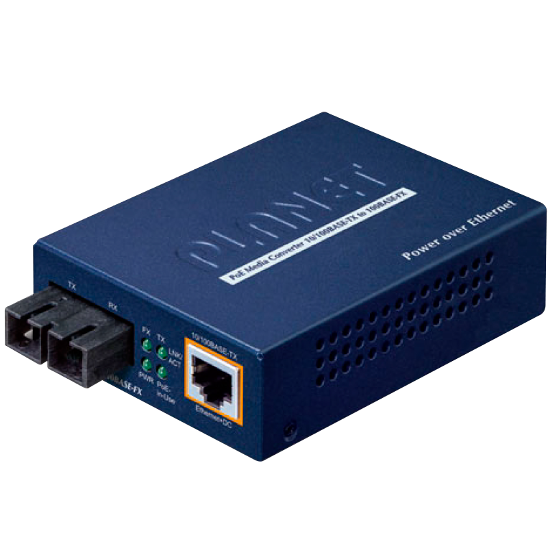 Conversor de Medios PLANET™ de 100Base-FX a 10 / 100Base-TX PoE (SC, Mono-Modo) - 15 km//PLANET™ 100Base-FX to 10/100Base-TX PoE Media Converter (SC, Single-Mode) - 15km