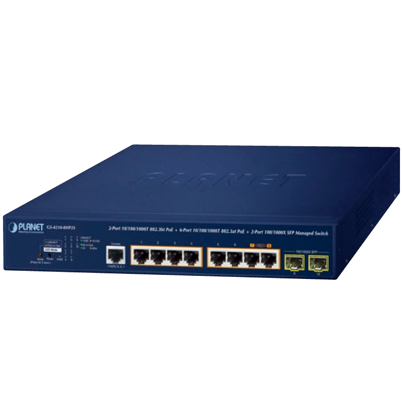 Switch Gigabit Gestionable UltraPoE PLANET™ de 8 Puertos (+2 SFP) Capa 2 - 240W//PLANET™ 2-Port 10/100/1000T 802.3bt PoE + 6-Port 10/100/1000T 802.3at PoE + 2-Port 100/1000X SFP Managed Switch - L2/L4 (240W)