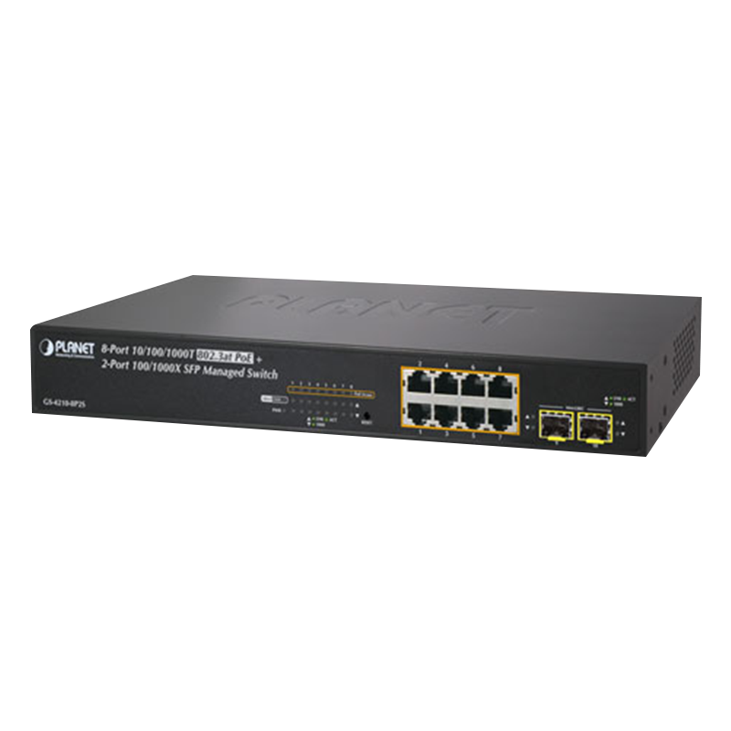 Switch Gigabit Gestionable PoE+ PLANET™ de 8 Puertos (+2 SFP) Capa 2 - 120W//PLANET™ 8-Ports (+2 SFP) PoE+ Gigabit Manageable L2 Switch - 120W
