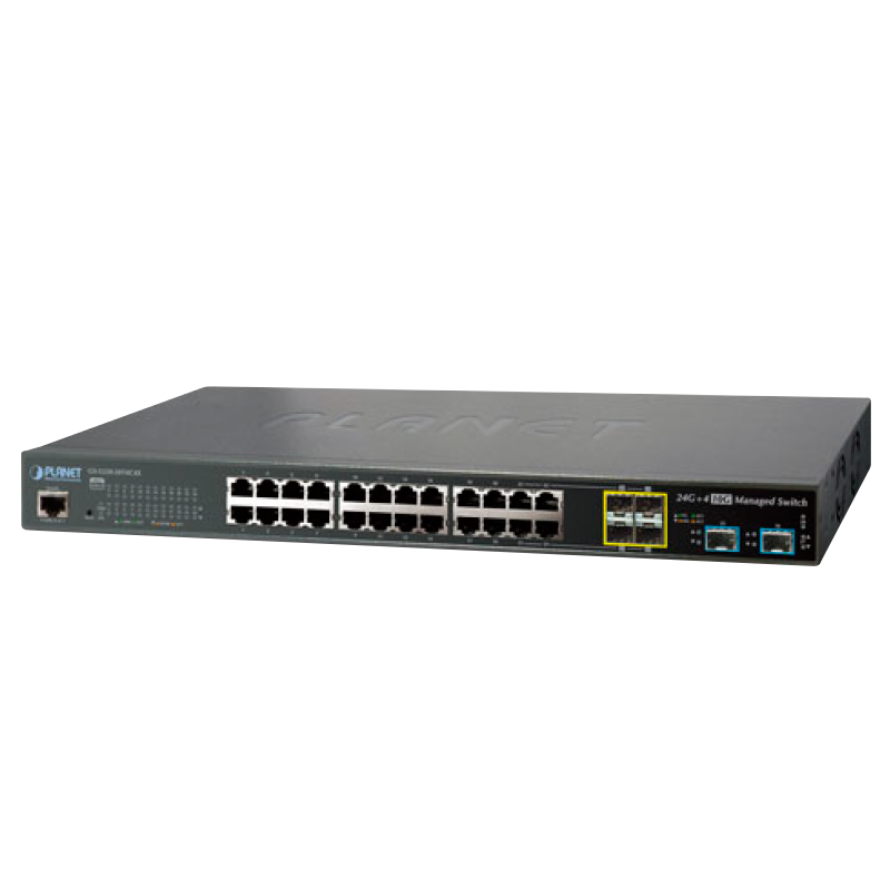 Switch Gestionable PLANET™ de 24 Puertos + 4 SFP Compartidos + 4 10G SFP+ - L2+ (con Enrutado Estático L3)//PLANET™ 24-Port + 4-Port Shared SFP + 4-Port 10G SFP+ Managed Switch - L2+ (L3 Static Routing)