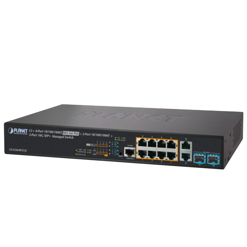 Switch Gigabit Gestionable PoE+ PLANET™ de 8 PoE+ & 2 1G/10G SFP+ - L2+ con Enrutado Estático L3 (240W)//PLANET™ 8-Port PoE+ & 2-Port 1G/10G SFP+ Managed Switch - L2+ with L3 Static Routing (240W)