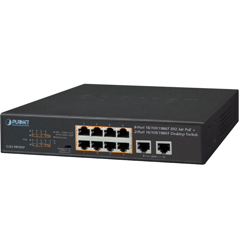 Switch Gigabit PoE+ PLANET™ de 8+2 Puertos - 120W//PLANET™ 8-Port 10/100/1000T 802.3at PoE + 2-Port 10/100/1000T Desktop Switch - 120W