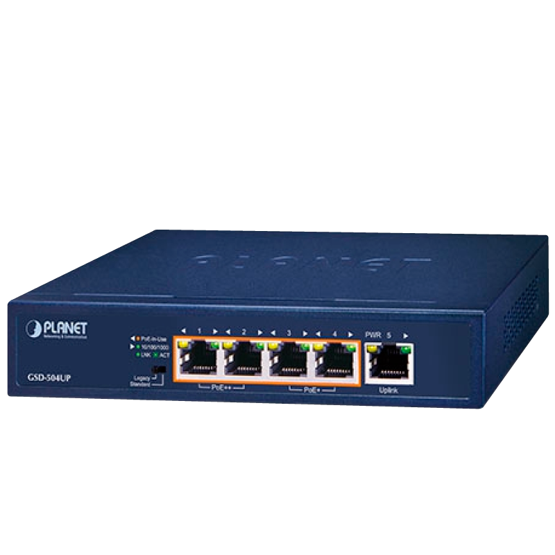 Switch Gigabit PLANET™ de 5 Puertos (con 2 UltraPoE, 2 PoE+) - 120W//PLANET™ 2-Port 10/100/1000T 802.3bt PoE + 2-Port 10/100/1000T 802.3at PoE + 1-Port Gigabit Desktop Switch - 120W