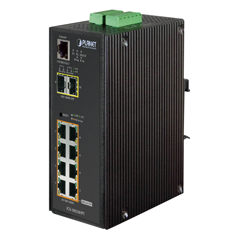 Switch Gigabit Industrial Gestionable PLANET™ de 8 Puertos (+2 SFP) - L2+ con Enrutado Estático L3 - Carril DIN (60W-120W-240W)//PLANET™ 8-Ports (+2 SFP) PoE+ Industrial Manageable Gigabit Switch - L2+ with L3 Static Routing - DIN Rail (60W-120W-240W)
