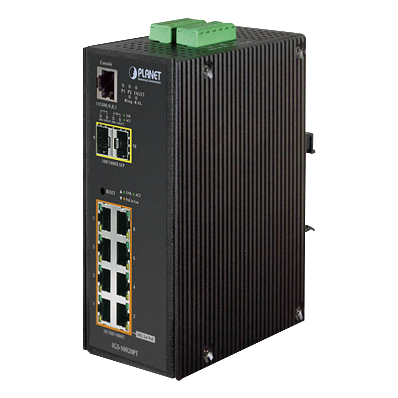 Switch Gigabit Industrial Gestionable PLANET™ de 8 Puertos (+2 SFP) - L2+ con Enrutado Estático L3 - Carril DIN (240W)//PLANET™ 8-Ports (+2 SFP) PoE Industrial Manageable Gigabit Switch - L2+ with L3 Static Routing - DIN Rail (240W)
