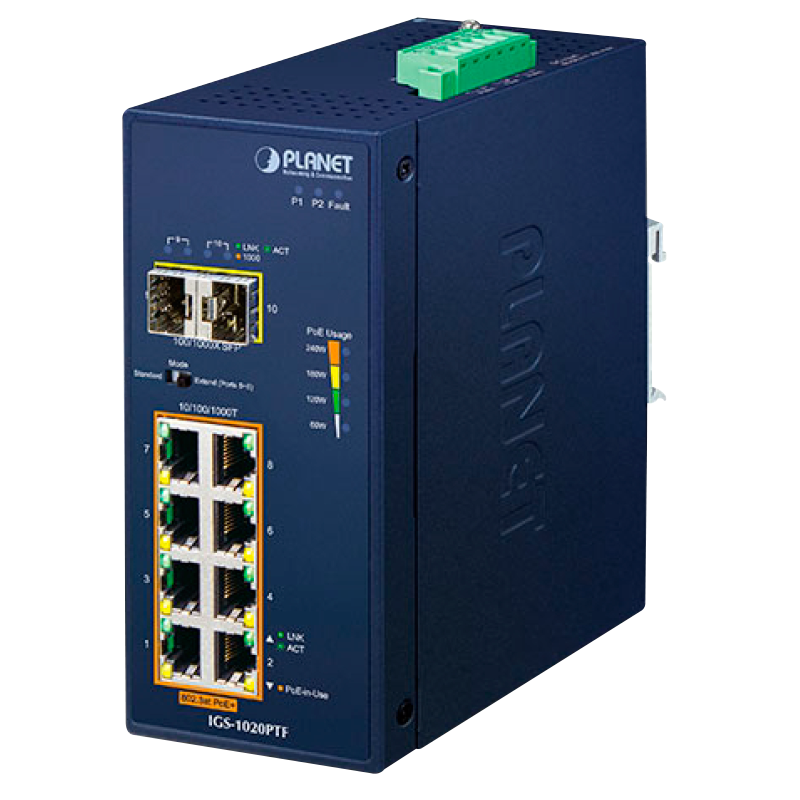 Switch Industrial PLANET™ de 8 Puertos 10/100 / 1000T 802.3at PoE+ 2 Puertos 100/1000X SFP Ethernet - Carril DIN (240W)//PLANET™ Industrial 8-Port 10/100/1000T 802.3at PoE + 2-Port 100/1000X SFP Ethernet Din Rail Switch - (240W)