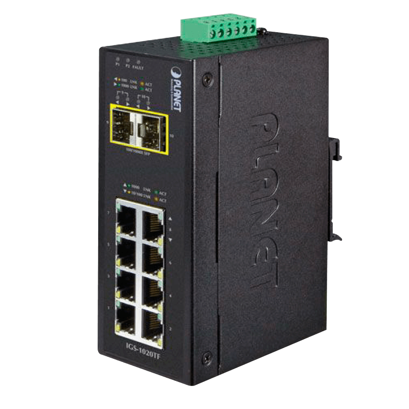 Switch Gigabit Industrial PLANET™ de 8 Puertos (+2 SPF) - Carril DIN//PLANET™ Industrial 8-Port 10/100/1000T + 2 1000X SFP Ethernet Switch - DIN Rail