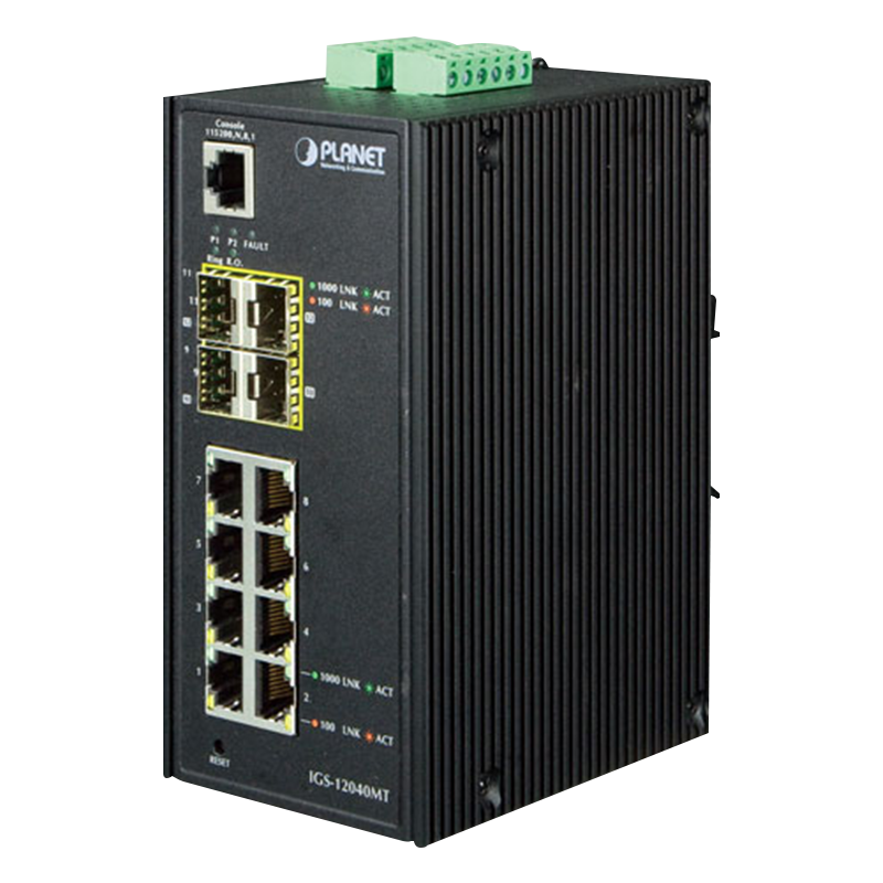 Switch Gestionable Industrial PLANET™ de 8 Puertos (+4 SFP) - L2+ (con Enrutado Estático L3)//PLANET™ 8-Ports (+4 SFP) Industrial Manageable Gigabit Switch - L2 with L3 Static Routing