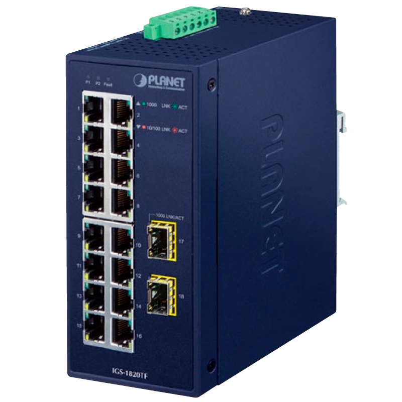 Switch Gigabit Industrial PLANET™ de 16 Puertos (+2 SPF) - Carril DIN//PLANET™ Industrial 16-Port 10/100/1000T + 2-Port 1000X SFP Ethernet Switch