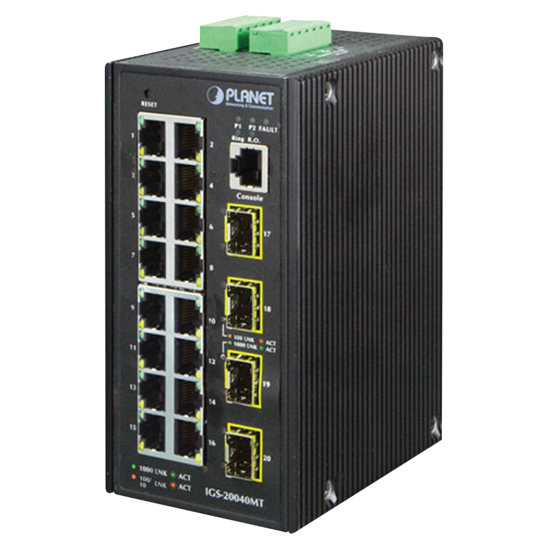 Switch Gestionable Industrial PLANET™ de 16 Puertos SFP (+2 RJ45) - L2+ (con Enrutado Estático L3)//PLANET™ 16-SFP Ports (+2 RJ45) Industrial Manageable Gigabit Switch - L2 with L3 Static Routing
