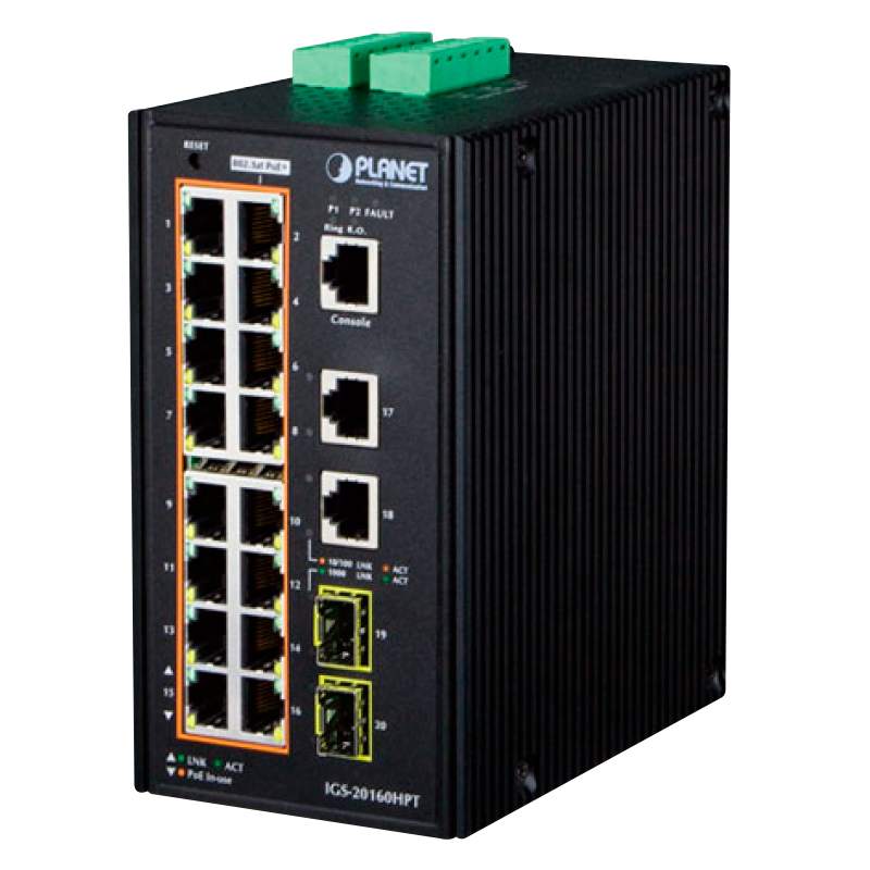 Switch Gigabit Industrial Gestinable PLANET™ con 16 PoE+ & 2 RJ45 + 2 SFP - L2+ con Enrutado Estático L3 (240W-320W)//PLANET™ Industrial 16-Port PoE+ & 2-Port + 2-Port SFP Managed Switch - L2+ with L3 Static Routing (240W-320W)