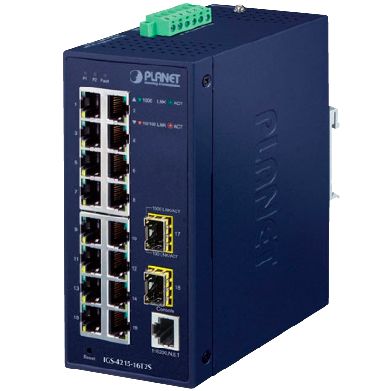 Switch Gestionable Industrial PLANET™ de 16 Puertos (+2 SFP) - Capa 2 (L2/L4)//PLANET™ Industrial 16-Port 10/100/1000T + 2-Port 100/1000X SFP Managed Switch - L2/L4