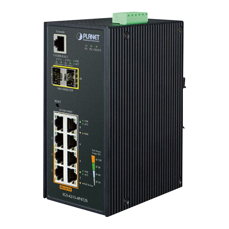 Switch Gigabit Industrial PoE+ PLANET™ de 4+4 Puertos (+2 SFP) Capa 2+ - Carril DIN (144W)//PLANET™ 4+4-Ports (+2 SFP) PoE+ Industrial Manageable Gigabit Switch - L2+ - DIN Rail (144W)