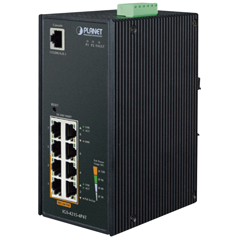 Switch Gigabit Industrial PoE+ PLANET™ de 4+4 Puertos - Carril DIN (144W)//PLANET™ 4+4-Ports PoE+ Industrial Manageable Gigabit Switch - L2+ - DIN Rail (144W)