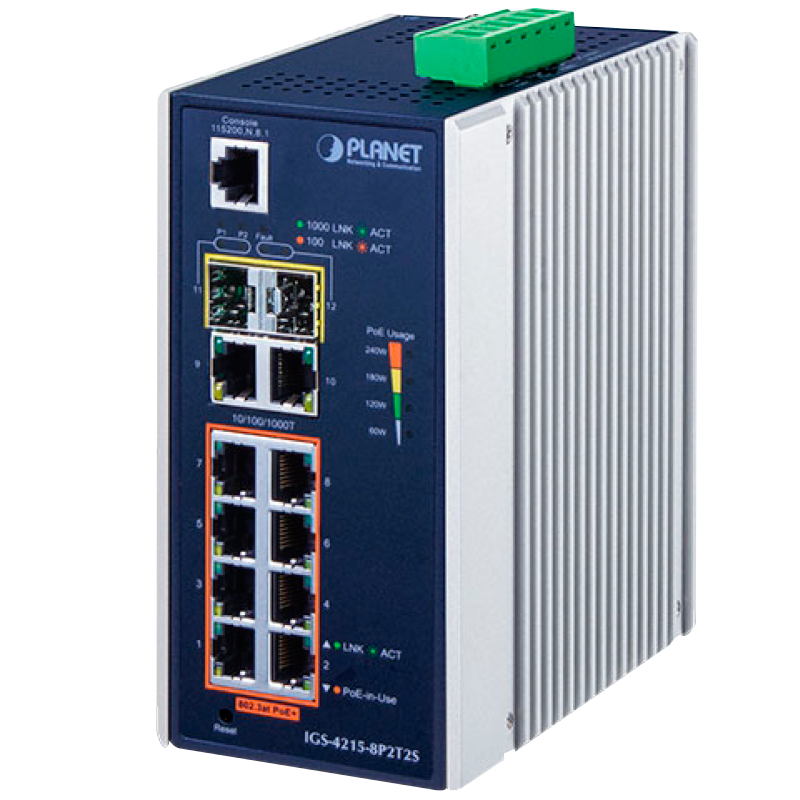 Switch Industrial Gestionable PLANET™ de 8 Puertos 802.3at PoE+ + 2 Puertos 10/100/1000T + (+2 SFP) - Capa 2 - Carril DIN (240W)//PLANET™ Industrial 8-Port 10/100/1000T 802.3at PoE + 2-Port 10/100/1000T + 2-Port 100/1000X SFP Managed Switch (Din Rail) - L2 (240W)
