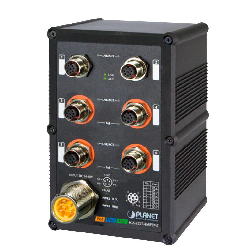 Switch Industrial Gestionable PLANET™ IP67 de 4 Puertos 802.3at PoE+ 2 Puertos 10/100/1000T - Capa 2+ - Carril Din (144W)//PLANET™ Industrial IP67 4-Port 10/100/1000T 802.3at PoE + 2-Port 10/100/1000T Managed Switch (Din Rail) - L2+ (144W)