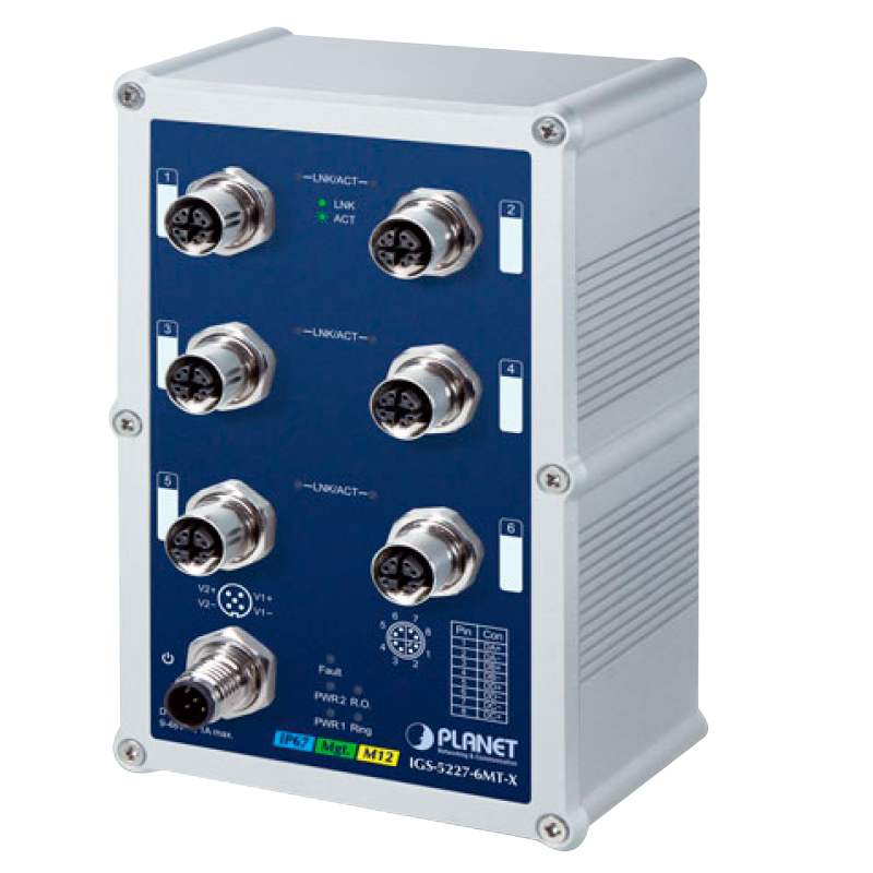 Switch Gestionable Industrial PLANET™ IP67 de 6 puertos 10/100/1000T M12 - L2+ (con Enrutado Estático L3)//PLANET™ Industrial IP67 6-Port 10/100/1000T M12 Managed Switch - L2+ (L3 Static Routing)