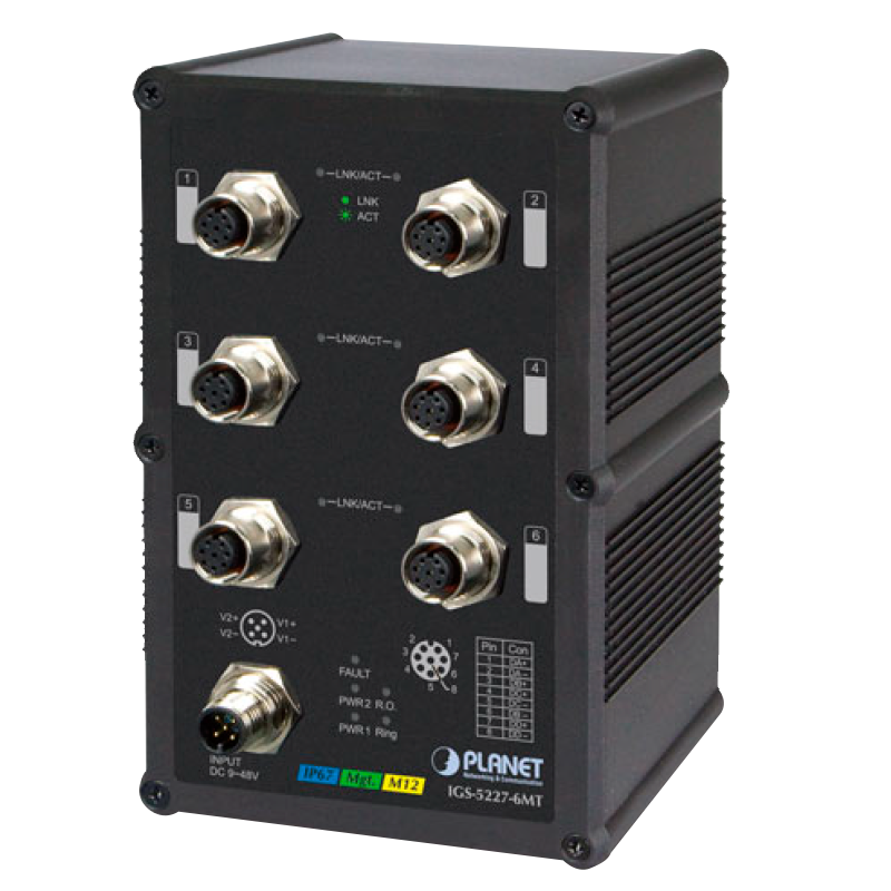 Switch Gestionable Industrial PLANET™ IP67 de 6 puertos 10/100/1000T M12 - L2+ (con Enrutado Estático L3)//PLANET™ Industrial IP67 6-Port 10/100/1000T M12 Managed Switch - L2+ (L3 Static Routing)