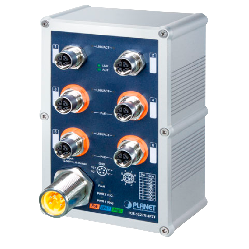 Switch Industrial Ethernet Gestionable PLANET™ 10/100/1000T de 4 x 10/100/1000T 802.3at PoE+ de 2 x 10/100/1000T con IP67 - Capa 2+ - Carril Din (144W)//PLANET™ Industrial IP67-rated 4-Port 10/100/1000T 802.3at PoE+ 2-Port 10/100/1000T Managed Ethernet Switch (Din Rail) - L2+ (144W)