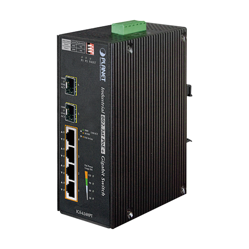 Switch Gigabit Industrial PoE+ PLANET™ de 4 Puertos (+2 SFP) - Carril DIN (120W) - Capa 2//PLANET™ Industrial 4-Port 10/100/1000T 802.3at PoE+ w/ 2-Port 100/1000X SFP Ethernet Switch - DIN Rail (120W) - L2
