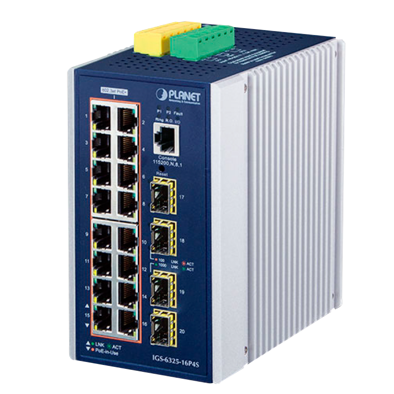 Switch Industrial Gestionable PLANET™ de 16 Puertos 802.3bt PoE (+4 SFP) Carril DIN - L3 (240W)//PLANET™ Industrial 16-Port 10/100/1000T 802.3at PoE (+4 SFP) Managed Switch (Din Rail) - L3 (240W)