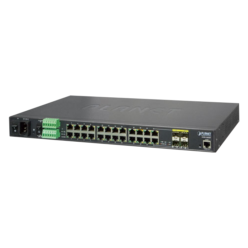 Switch Gigabit Gestionable Industrial PLANET™ de 24 puertos (+4 SFP) - L2+ (con Enrutado Estático L3)//PLANET™ 24-Ports (+4 SFP) Industrial Manageable Gigabit Switch - L2+ (L3 Static Routing)