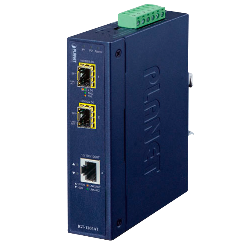 Conversor de Medios Industrial PLANET™ de 10/100/1000T a 2 puertos 100/1000X SFP (Carril Din)//PLANET™ Industrial 10/100/1000T to 2-port 100/1000X SFP Media Converter (Din Rail)