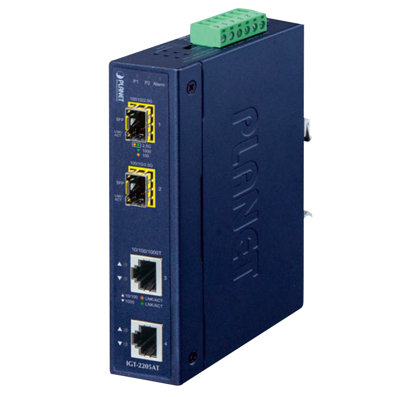Convertidor de Medios Industrial PLANET™ de 2 x 10/100/1000T a 2 x 100/1000/2500X SFP (Carril Din)//PLANET™ Industrial 2-port 10/100/1000T to 2-port 100/1000/2500X SFP Media Converter (Din Rail)