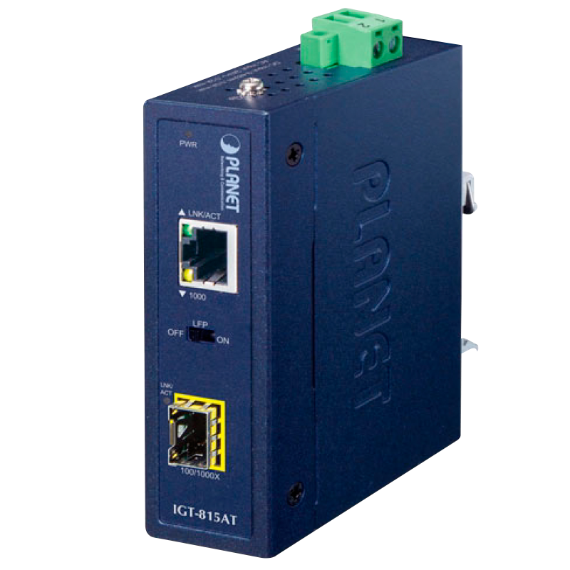 Conversor de Medios Industrial Compacto PLANET™ de 100/1000BASE-X a 10/100/1000BASE-T (Carril Din)//PLANET™ Industrial Compact 100/1000BASE-X to 10/100/1000BASE-T Media Converter (Din Rail)