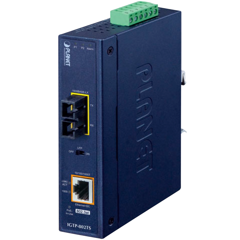 Conversor de Medios Industrial PLANET ™ de 1000BASE-X a 10/100/1000BASE-T 802.3at PoE+ (Carril Din) - Capa 2 (30W)//PLANET™ 1000BASE-X to 10/100/1000BASE-T 802.3at PoE+ Industrial Media Converter (Din Rail) - L2 (30W)