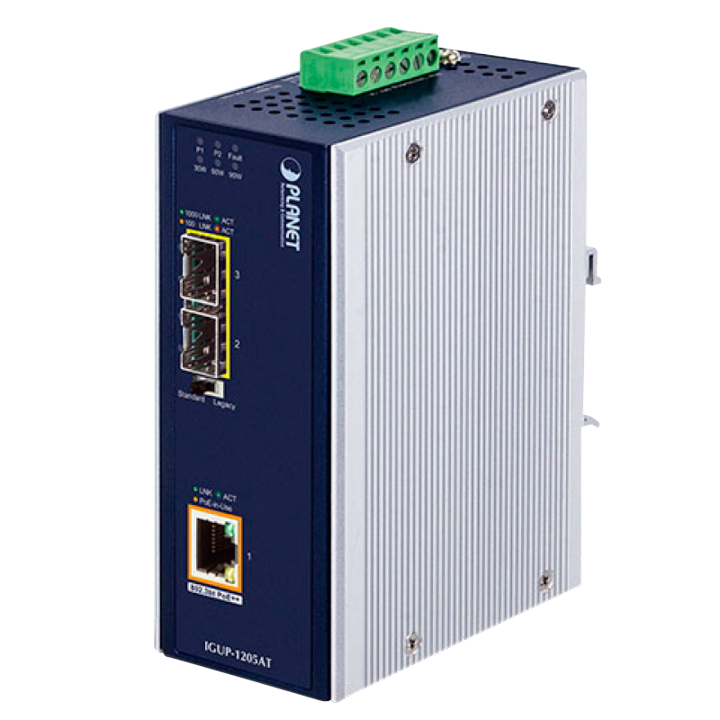 Conversor de Medios Industrial PLANET™ de 2 puertos 100/1000X SFP a 1 puerto 10/100/1000T 802.3bt PoE++ (Carril Din) - Capa 2 (95W)//PLANET™ Industrial 2-Port 100/1000X SFP to 1-Port 10/100/1000T 802.3bt PoE++ Media Converter (Din Rail) - L2 (95W)