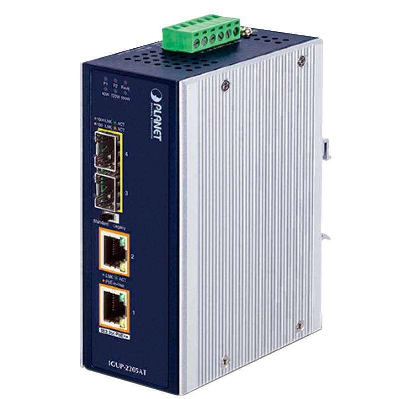 Conversor de Medios Industrial PLANET™ de 2 puertos 100/1000X SFP a 2 puertos 10/100/1000T 802.3bt PoE++ (Carril Din) - Capa 2 (190W)//PLANET™ Industrial 2-Port 100/1000X SFP to 2-Port 10/100/1000T 802.3bt PoE++ Media Converter (Din Rail) - L2 (190W)