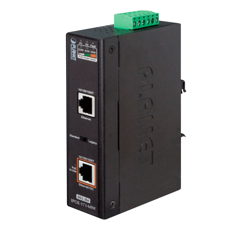 Extensor Gigabit Ultra PoE Industrial PLANET™ de 1 Puerto de Salida (60W) - Carril DIN//PLANET™ Industrial Single-Port 10/100/1000Mbps 802.3bt PoE Injector (60W) - DIN Rail