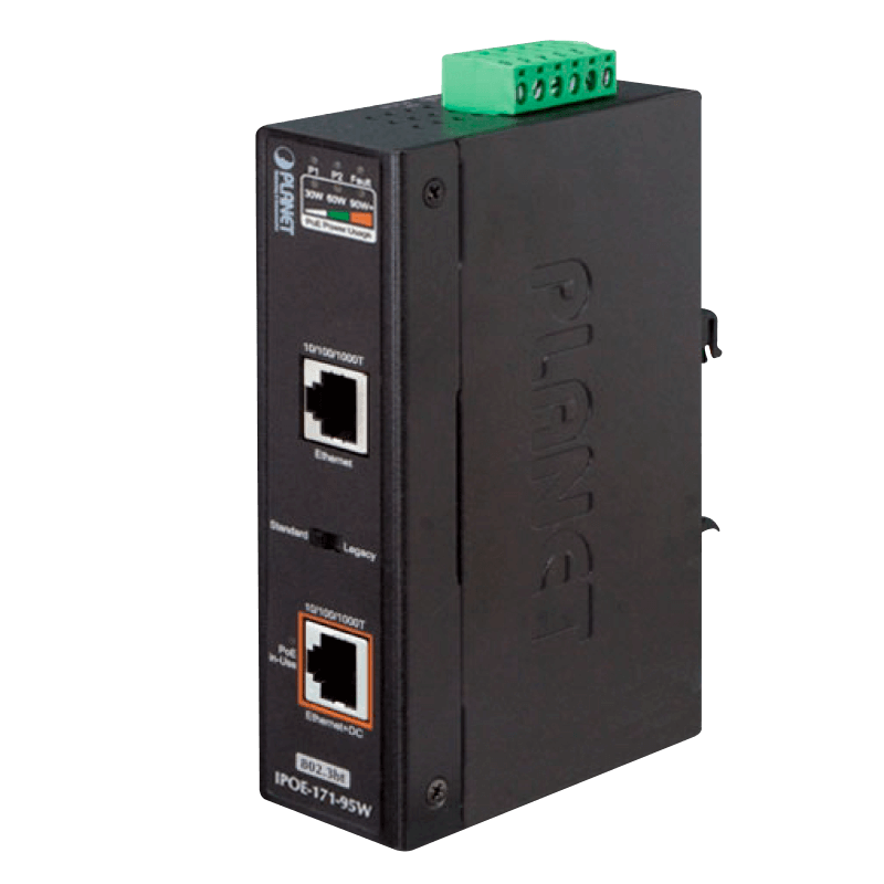 Inyector Gigabit Ultra PoE Industrial PLANET™ de 1 Puerto de Salida (95W) - Carril DIN//PLANET™ Industrial Single-Port 10/100/1000Mbps 802.3bt PoE Injector (95W) - DIN Rail