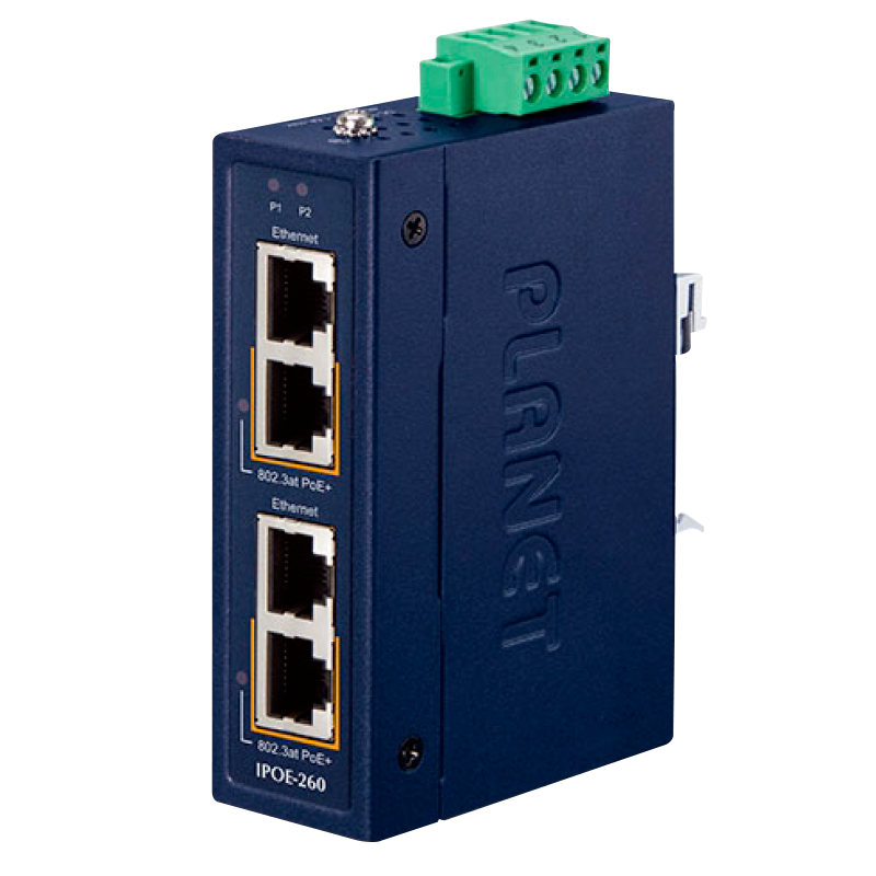 Concentrador de Inyector Industrial PoE+ de 2 puertos 10/100 / 1000T 802.3at (Carril DIN) - (72W)//PLANET™ Industrial 2-port 10/100/1000T 802.3at PoE+ Injector Hub (Din Rail) - (72W)