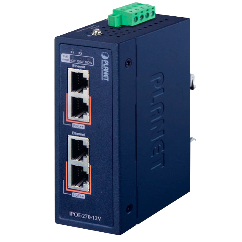 Concentrador de inyector industrial PoE++ Multi-Gigabit 802.3bt de 2 puertos (Carril DIN) - (180W)//PLANET™ Industrial 2-port Multi-Gigabit 802.3bt PoE++ Injector Hub (Din Rail) - (180W)